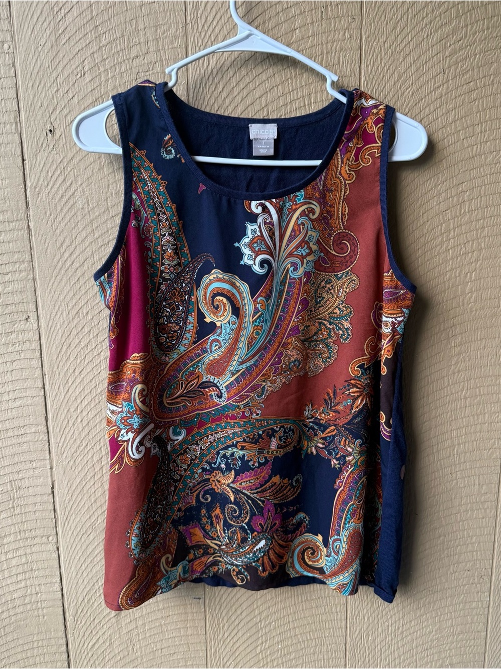 Chico's Navy Paisley Sleeveless Camisole with Rust Accents